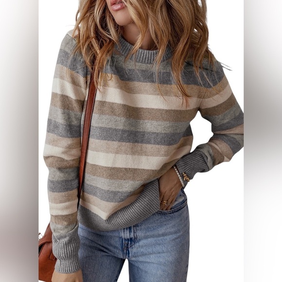 Grey Tan White Stripe Sweater - Picture 1 of 7
